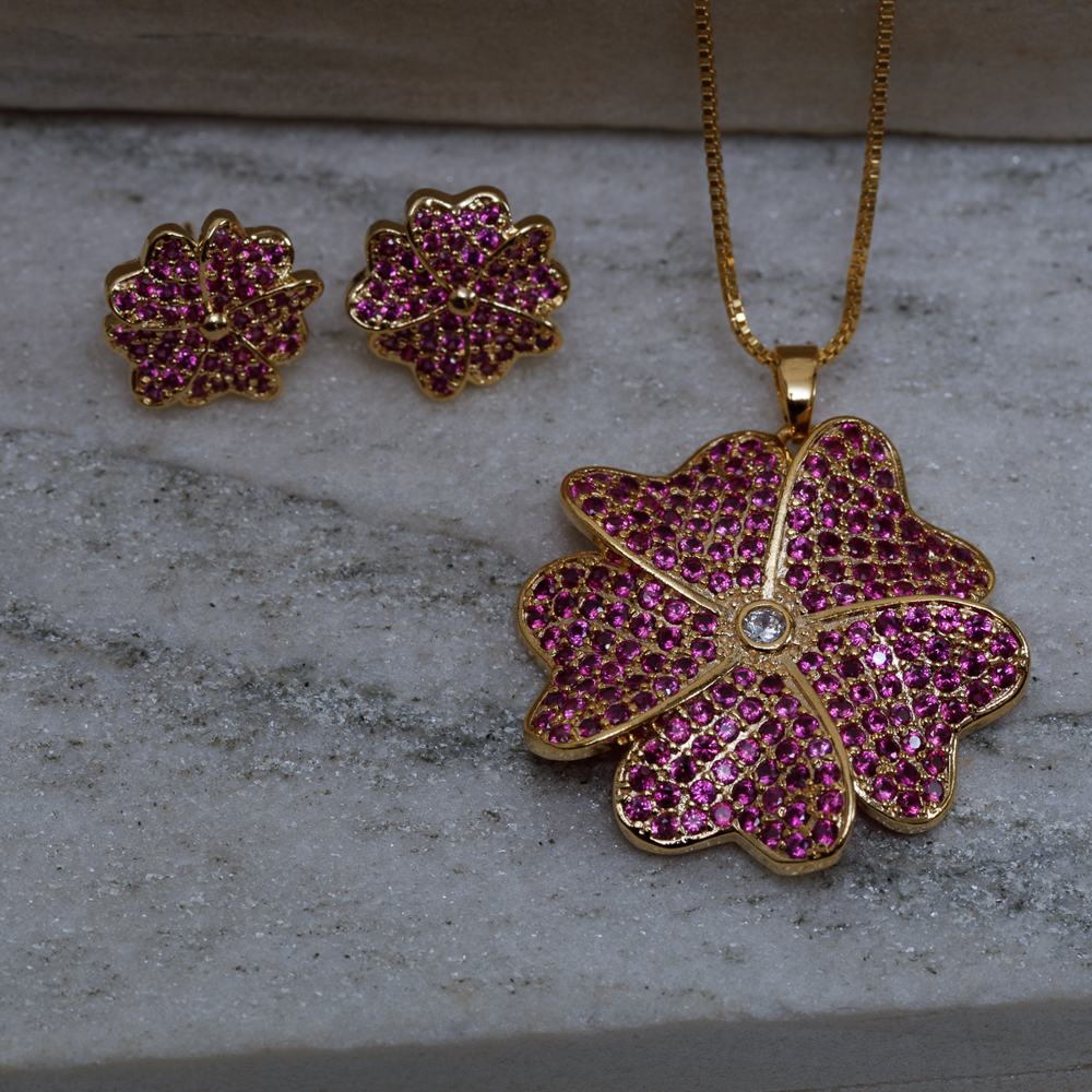 CONJUNTO FLOR DE AZALÉIA PINK BANHO OURO 18K