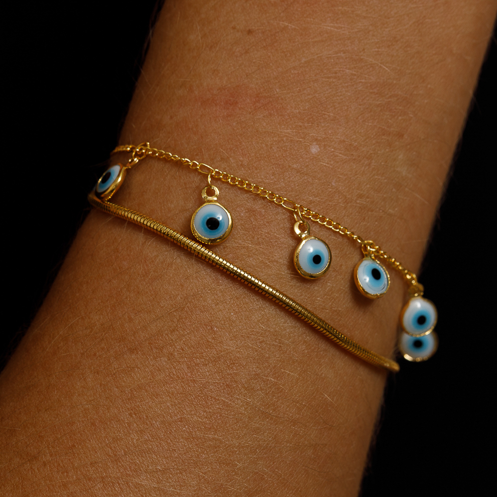 PULSEIRA OLHO GREGO DUPLA BANHO OURO 18K