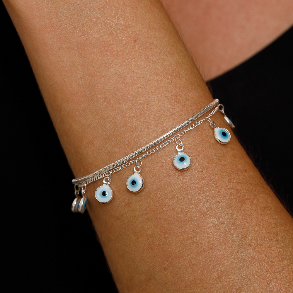 PULSEIRA OLHO GREGO DUPLA BANHO PRATA