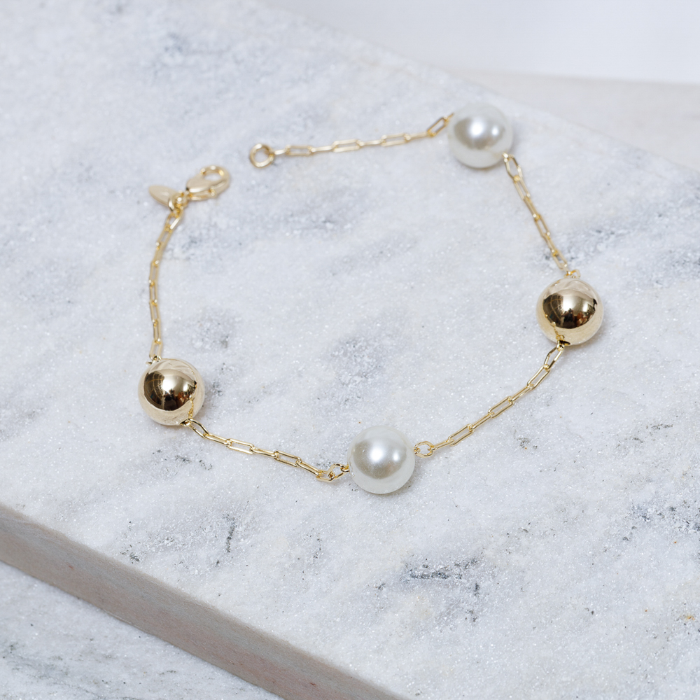 PULSEIRA BOLA LISA E COM PÉROLAS BANHO OURO 18K
