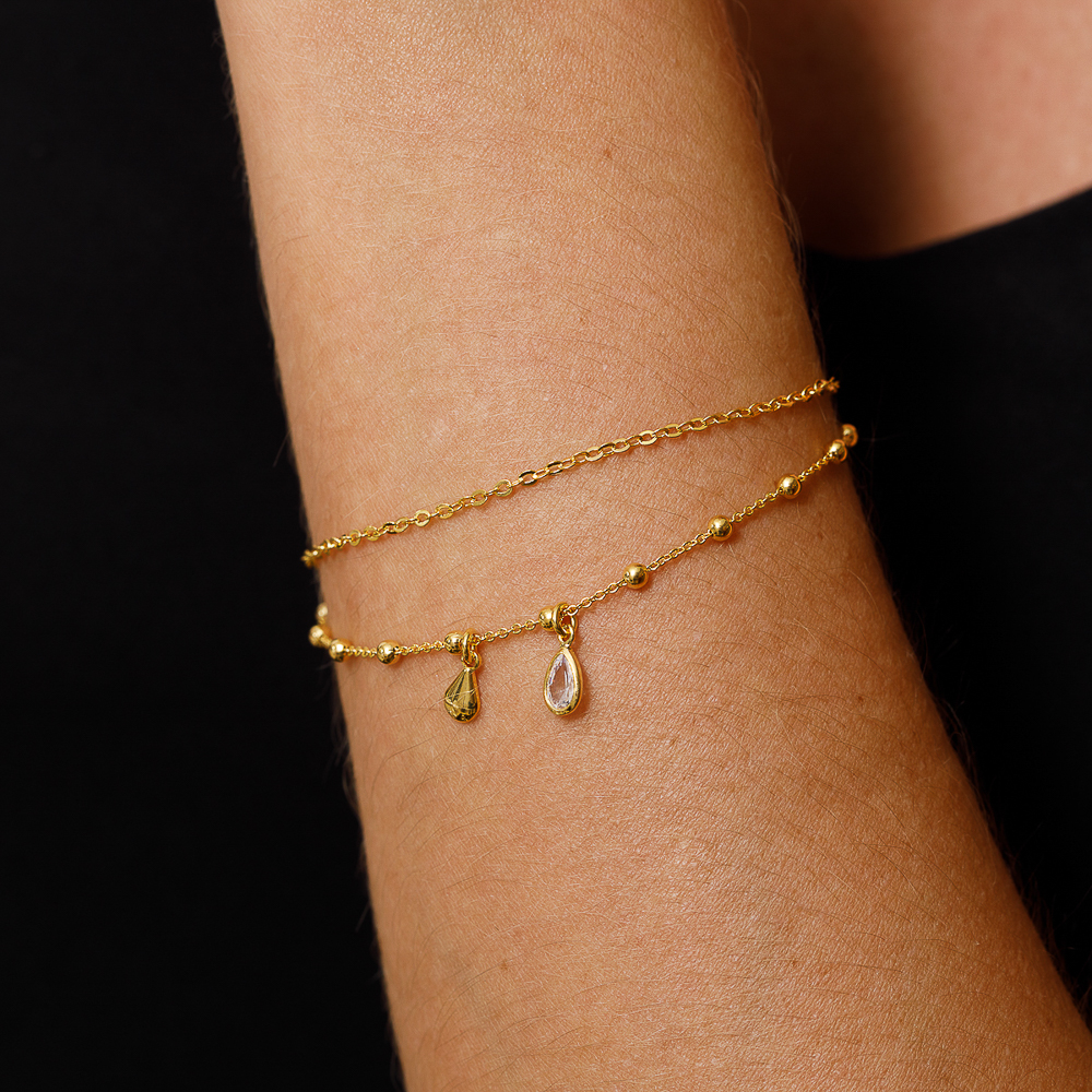 PULSEIRA DUPLA BOLINHAS E GOTA CRISTAL BANHO OURO 18K