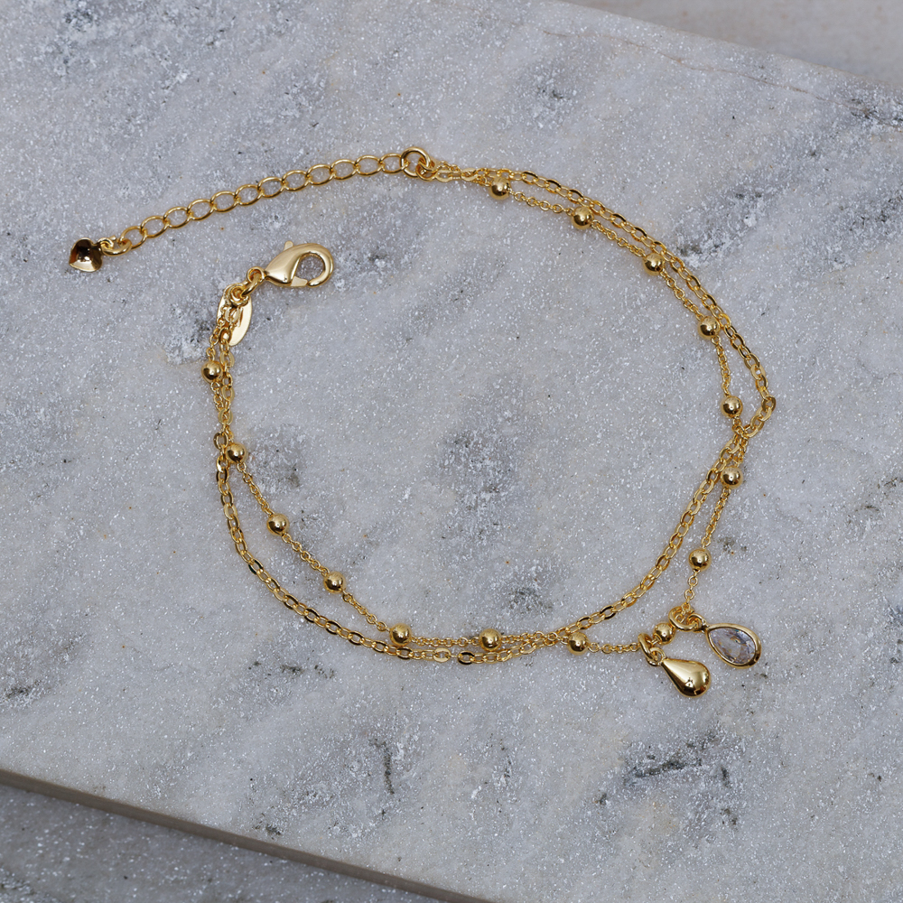 PULSEIRA DUPLA BOLINHAS E GOTA CRISTAL BANHO OURO 18K