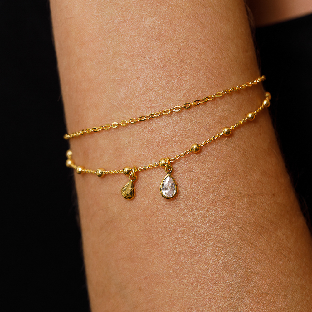 PULSEIRA DUPLA BOLINHAS E GOTA CRISTAL BANHO OURO 18K