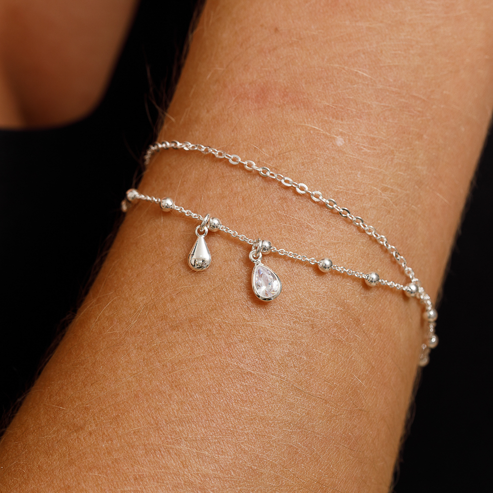 PULSEIRA CORRENTE DUPLA COM BOLINHAS E CRISTAL BANHO PRATA