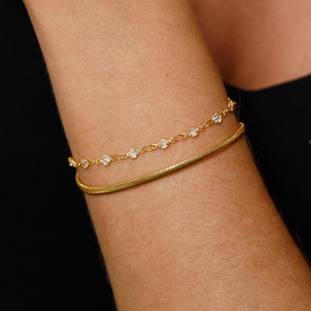 PULSEIRA DUPLA FIO ALEMÃO E CRISTAIS BANHO OURO 18K