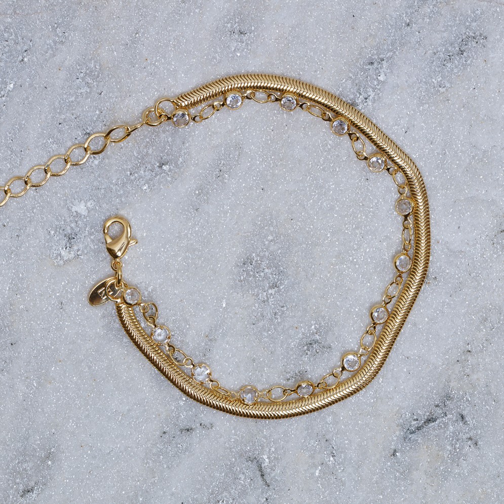 PULSEIRA DUPLA FIO ALEMÃO E CRISTAIS BANHO OURO 18K