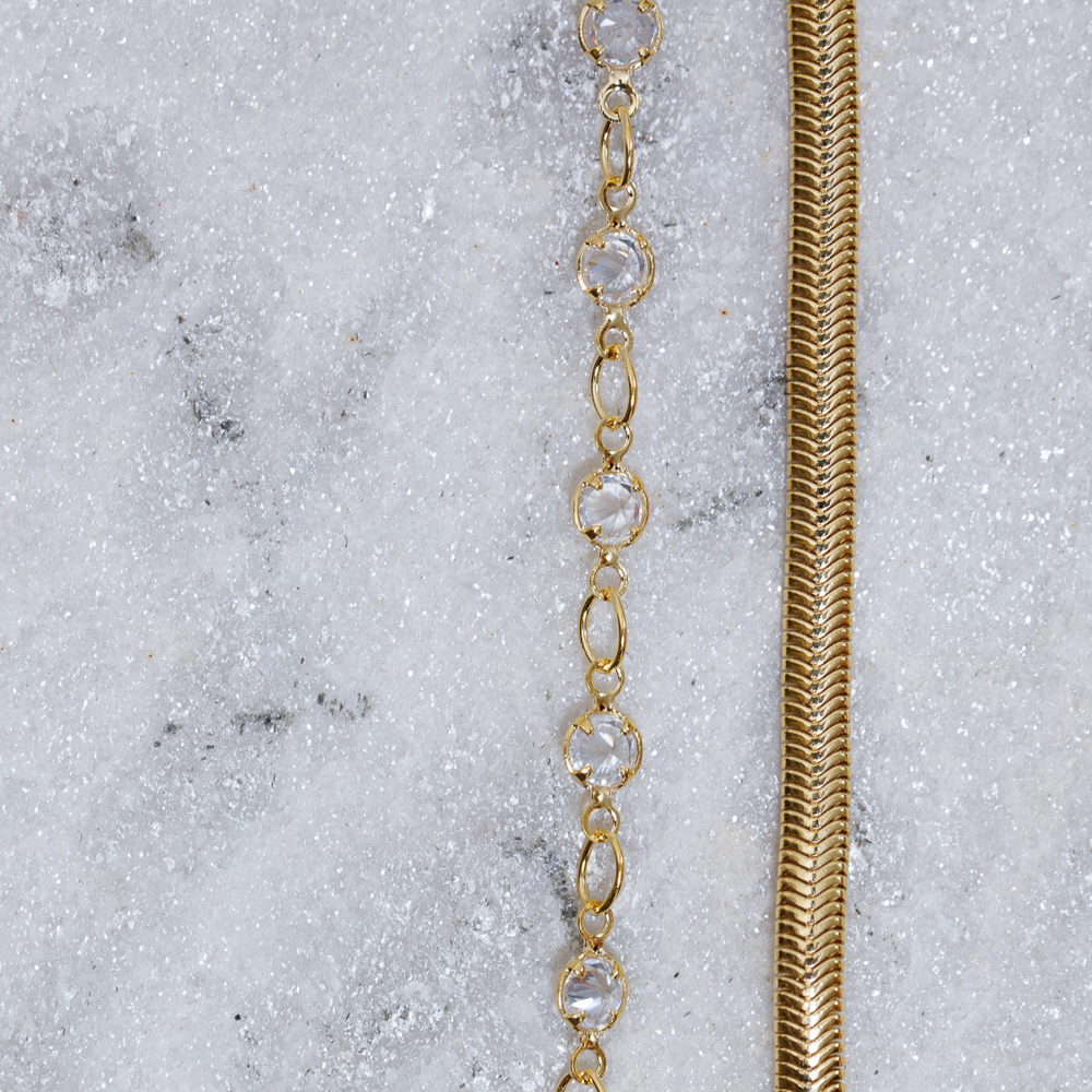 PULSEIRA DUPLA FIO ALEMÃO E CRISTAIS BANHO OURO 18K