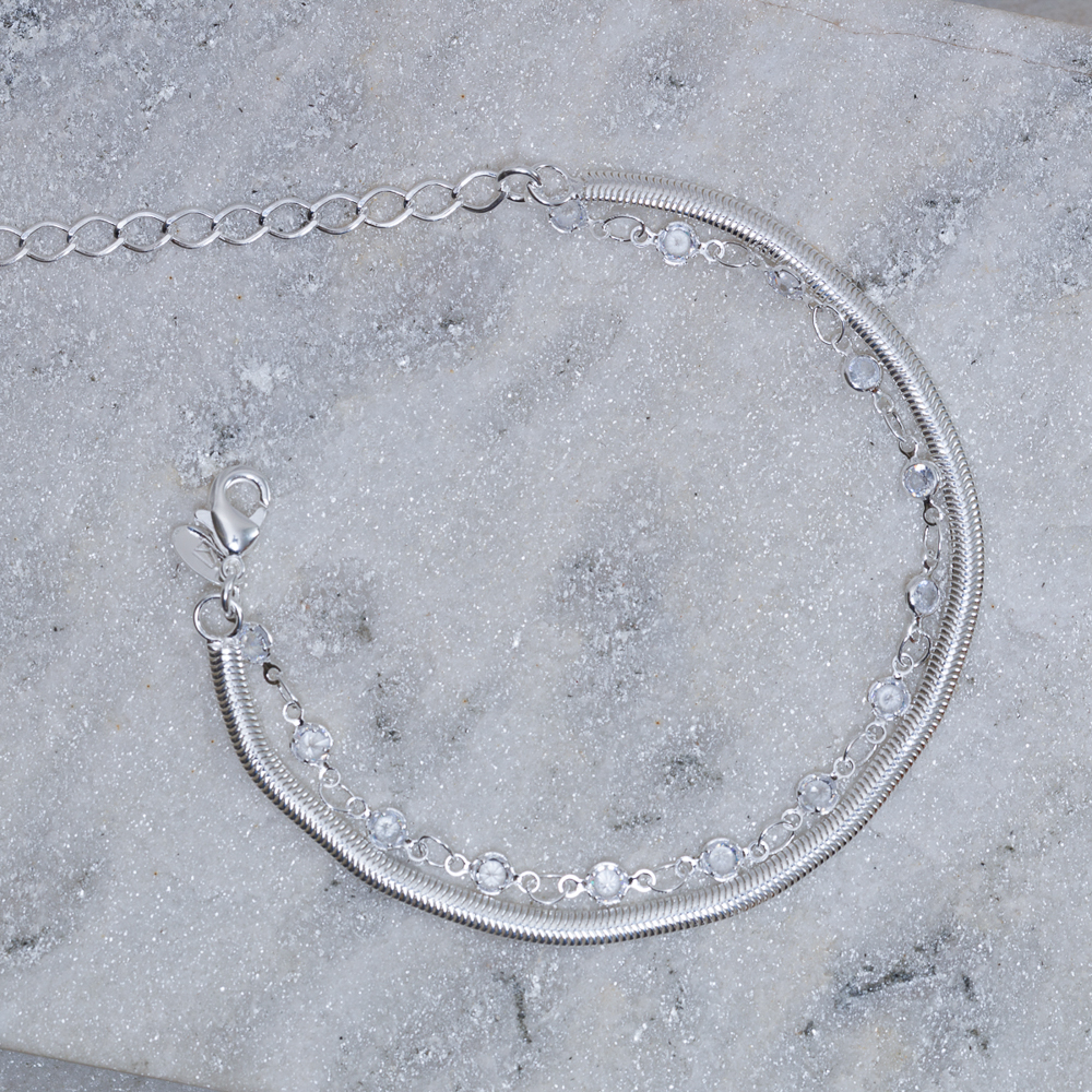 PULSEIRA DUPLA FIO ALEMÃO E CRISTAIS BANHO PRATA