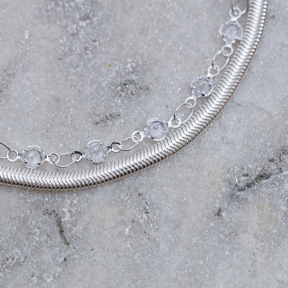 PULSEIRA DUPLA FIO ALEMÃO E CRISTAIS BANHO PRATA