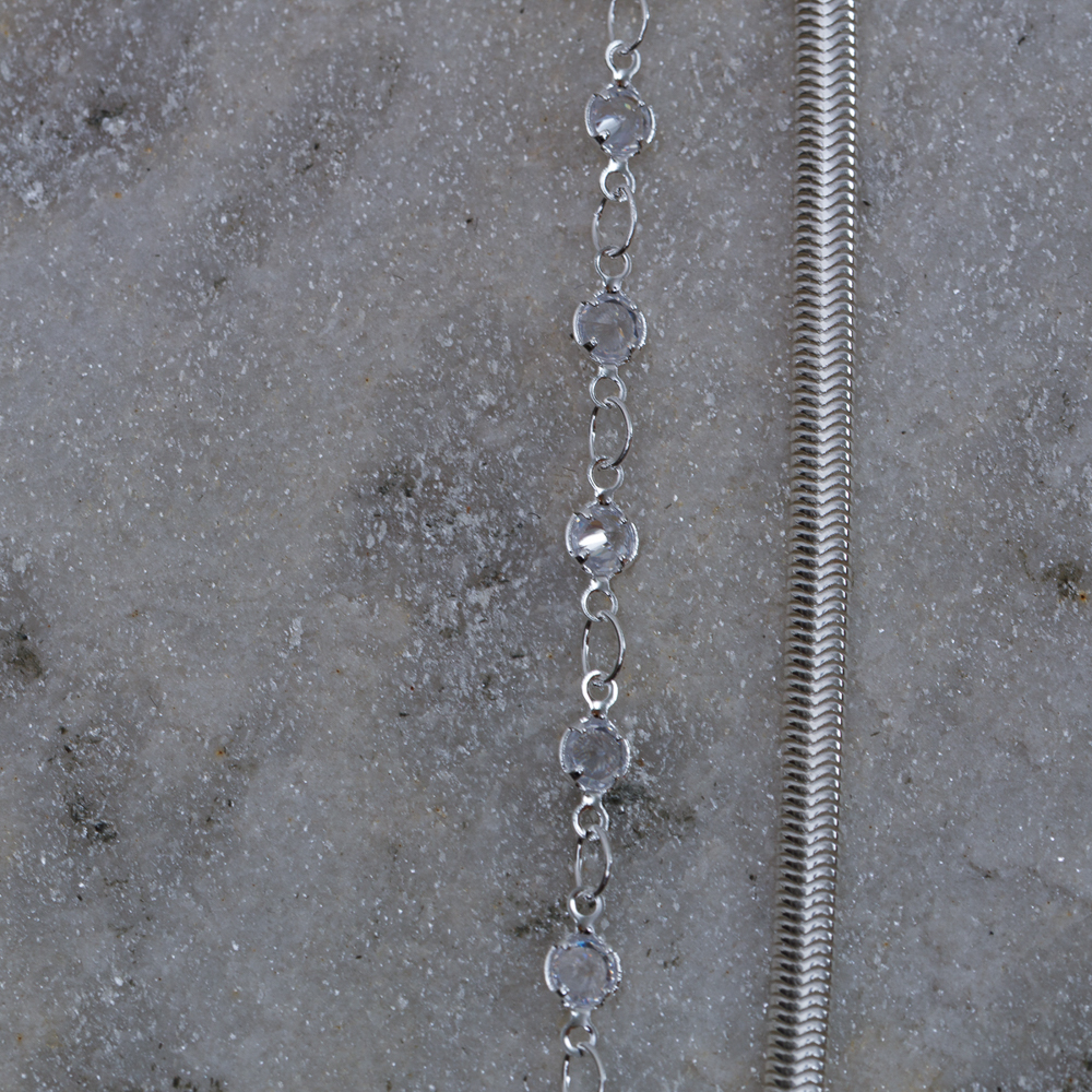 PULSEIRA DUPLA FIO ALEMÃO E CRISTAIS BANHO PRATA