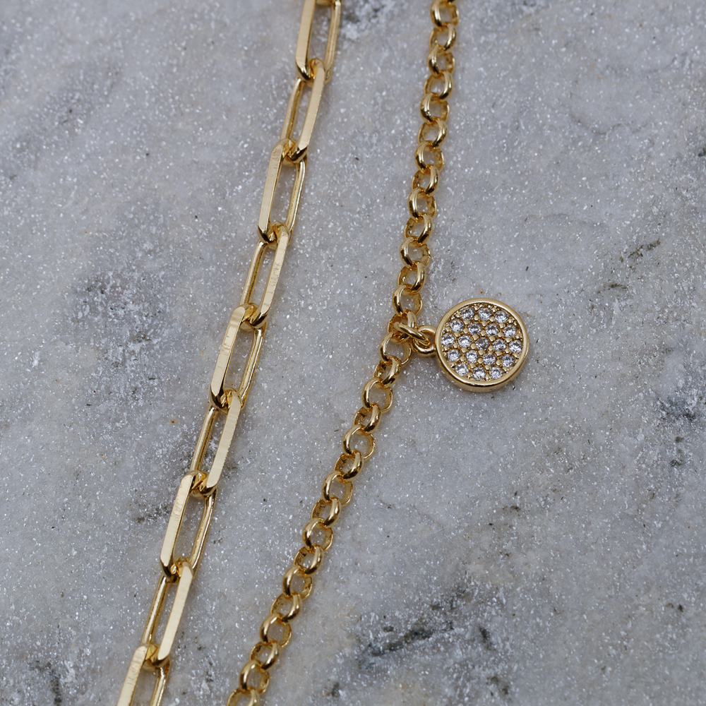 PULSEIRA CORRENTE DUPLA COM CÍRCULO CRAVEJADO BANHO OURO 18K