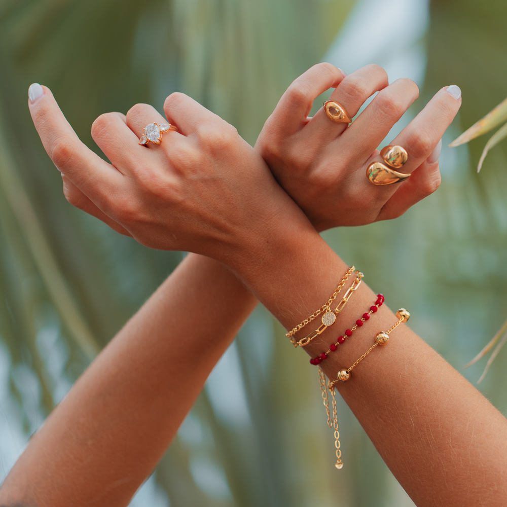 PULSEIRA CORRENTE DUPLA COM CÍRCULO CRAVEJADO BANHO OURO 18K