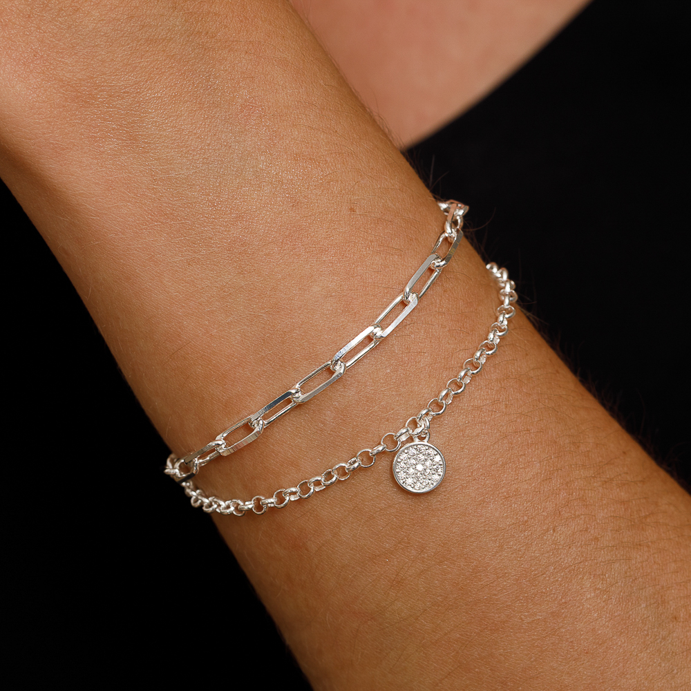 PULSEIRA CORRENTE DUPLA COM CÍRCULO CRAVEJADO BANHO PRATA