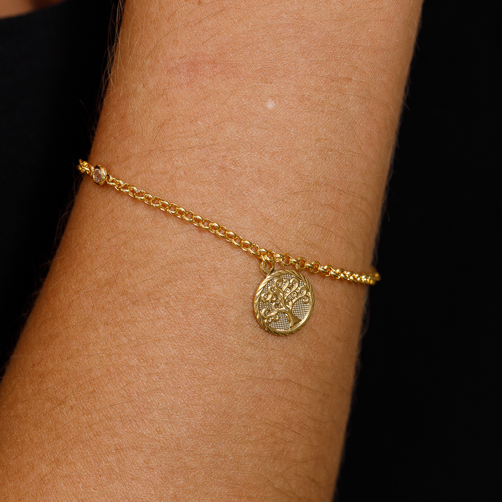 PULSEIRA ELO PORTUGUÊS COM ÁRVORE DA VIDA BANHO OURO 18K