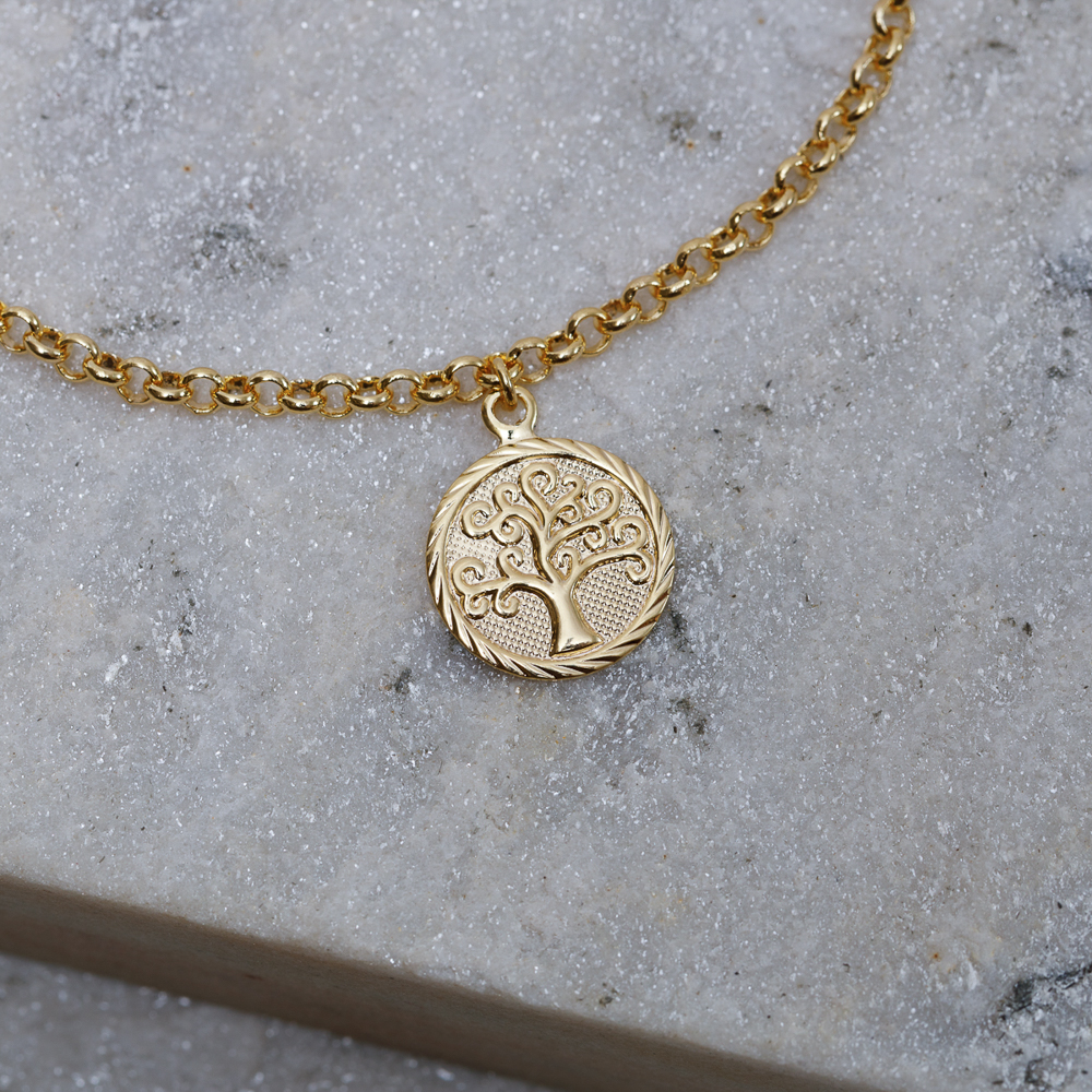 PULSEIRA ELO PORTUGUÊS COM ÁRVORE DA VIDA BANHO OURO 18K