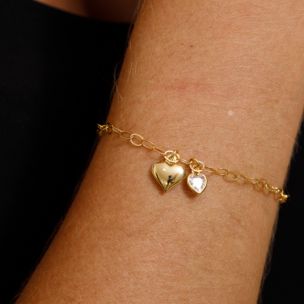 PULSEIRA DOIS CORAÇÕES BANHO OURO 18K