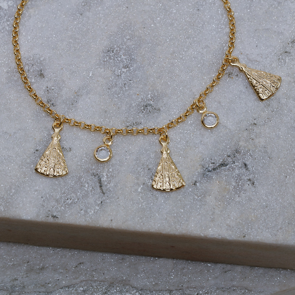PULSEIRA NOSSA SENHORA COM CRISTAIS BANHO OURO 18K