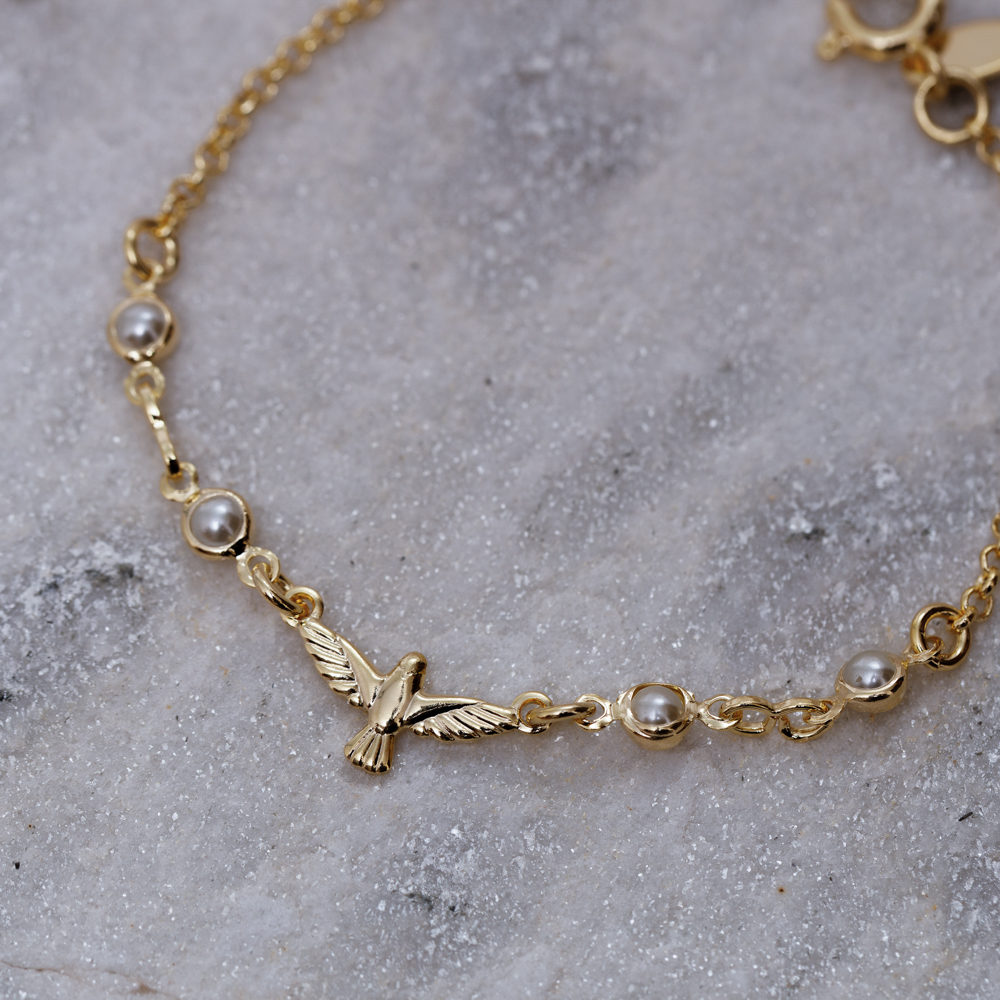PULSEIRA INFANTIL ESPÍRITO SANTO COM PÉROLAS BANHO OURO 18K