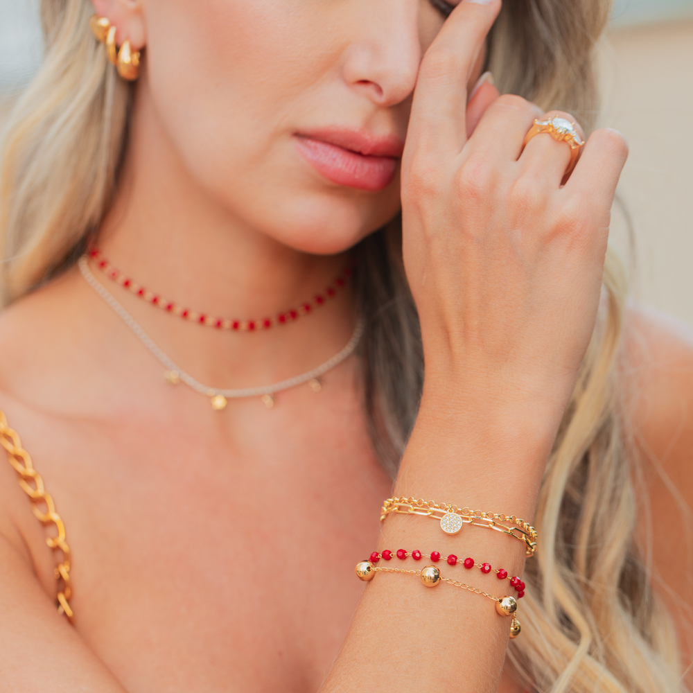 PULSEIRA BOLINHAS VINHO BANHO OURO 18K