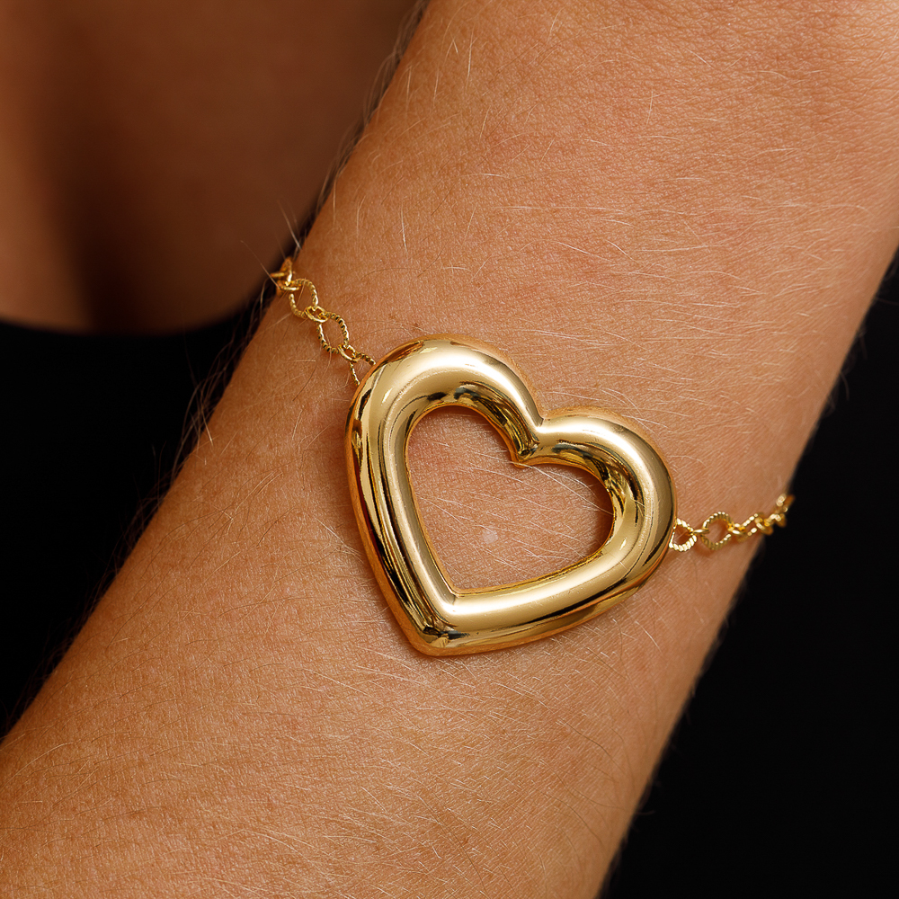 PULSEIRA ELOS COM CORAÇÃO VAZADO BANHO OURO 18K