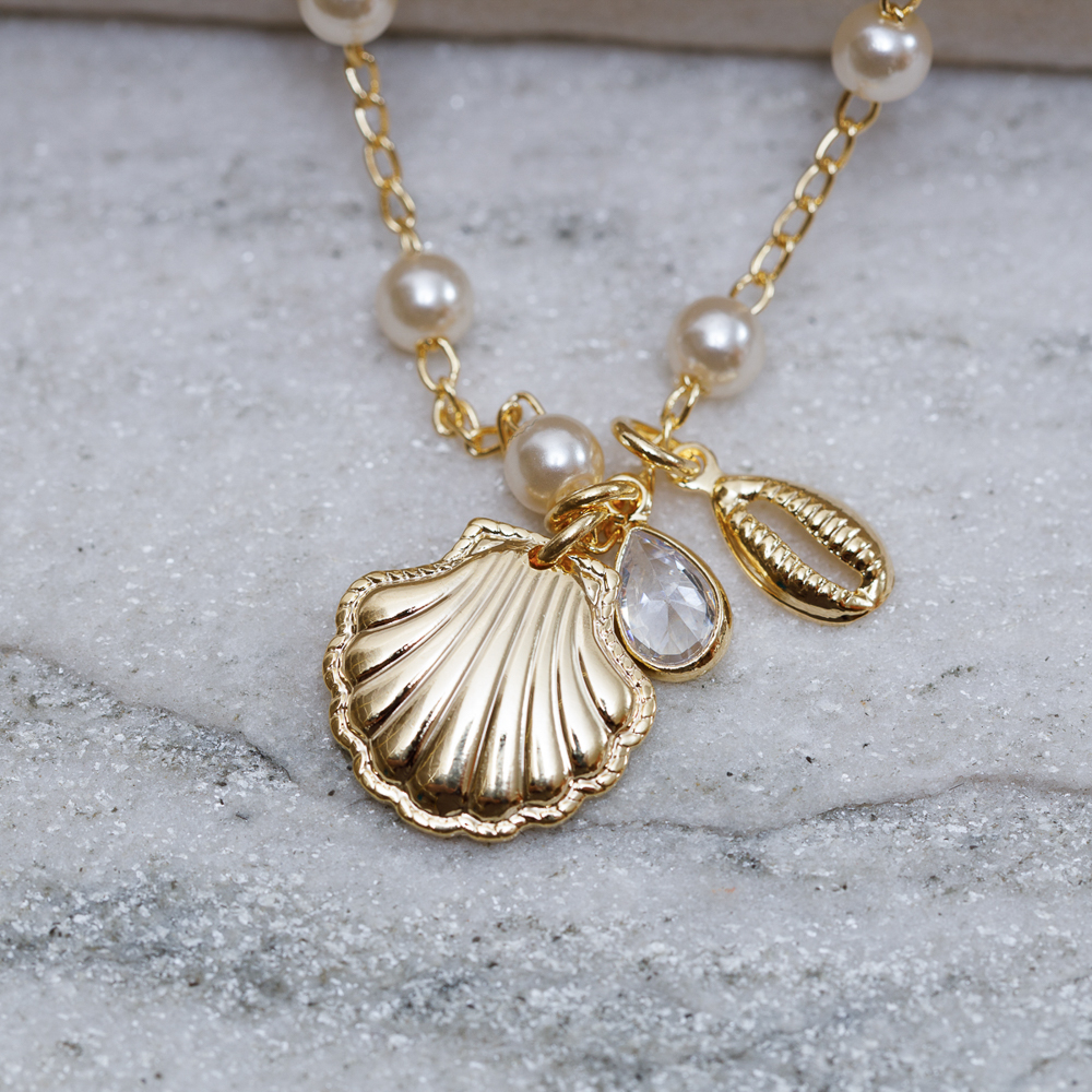 COLAR PÉROLA COM PINGENTES DO MAR BANHO OURO 18K