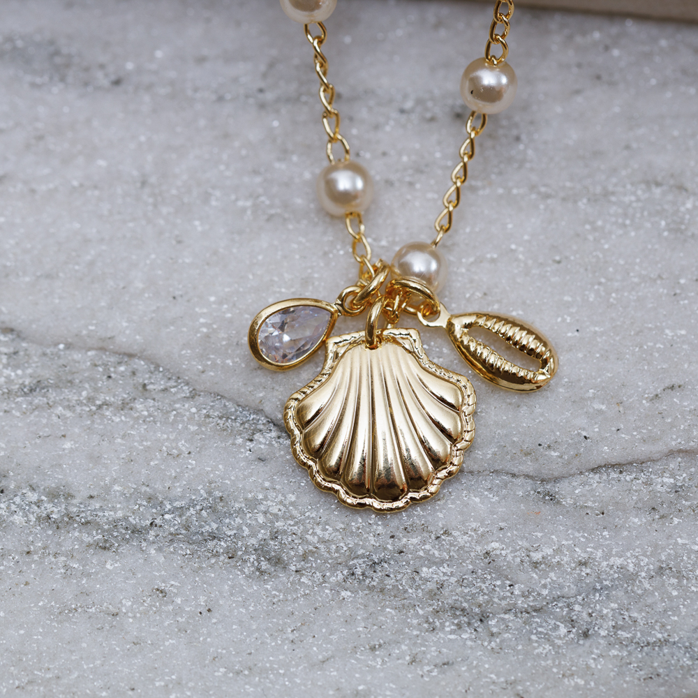 COLAR PÉROLA COM PINGENTES DO MAR BANHO OURO 18K