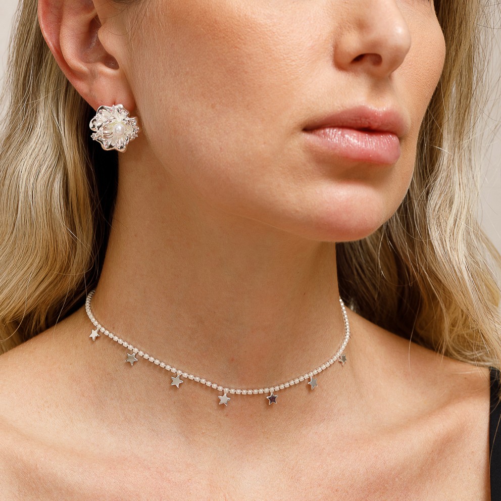 CHOKER PÉROLA RIVIERA COM ESTRELINHAS BANHO PRATA