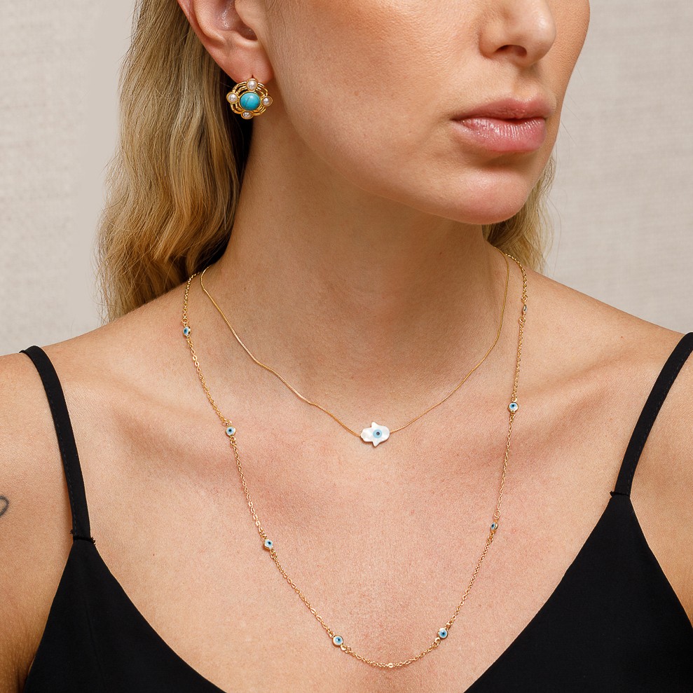 COLAR LONGO OLHO GREGO BANHO OURO 18K