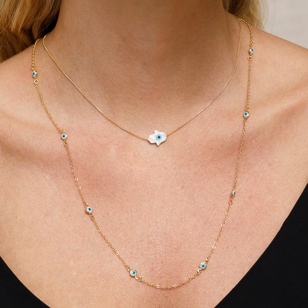 COLAR LONGO OLHO GREGO BANHO OURO 18K