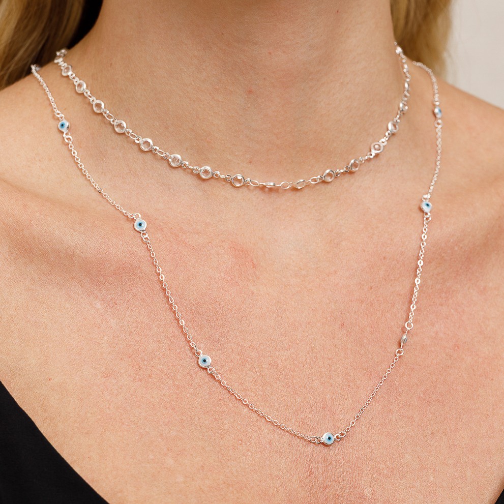 COLAR LONGO OLHO GREGO BANHO PRATA