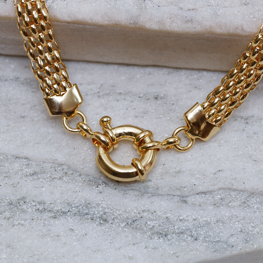 COLAR MALHA OCA ACHATADA COM FECHO BOIA BANHO OURO 18K