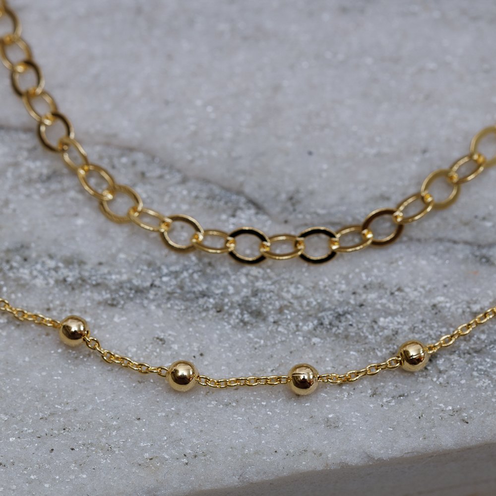 CHOKER CORRENTE DUPLA ELOS E BOLINHAS BANHO OURO 18K