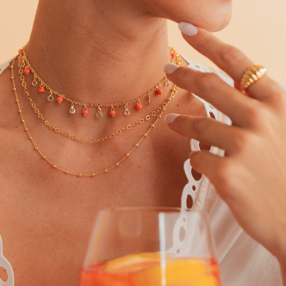 CHOKER BOLINHAS LARANJA COM CRISTAIS BANHO OURO 18K