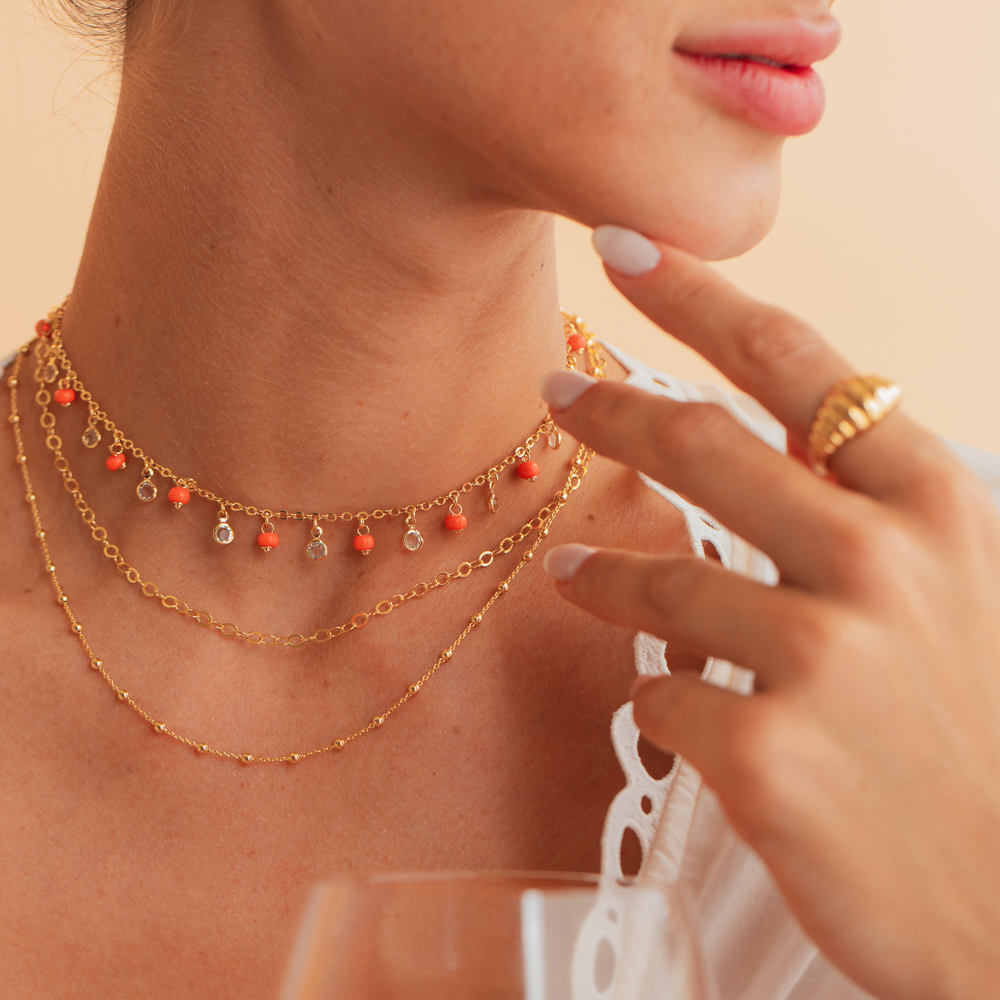 CHOKER BOLINHAS LARANJA COM CRISTAIS BANHO OURO 18K