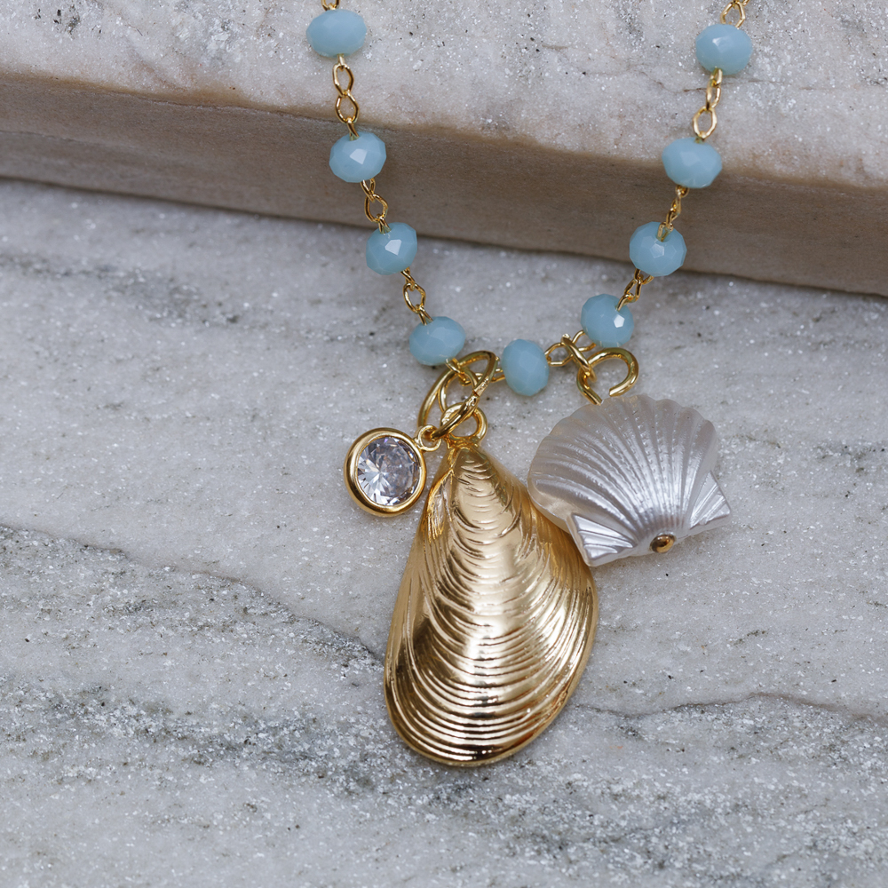 COLAR BOLINHAS TURQUESA COM PINGENTES DO MAR BANHO OURO 18K