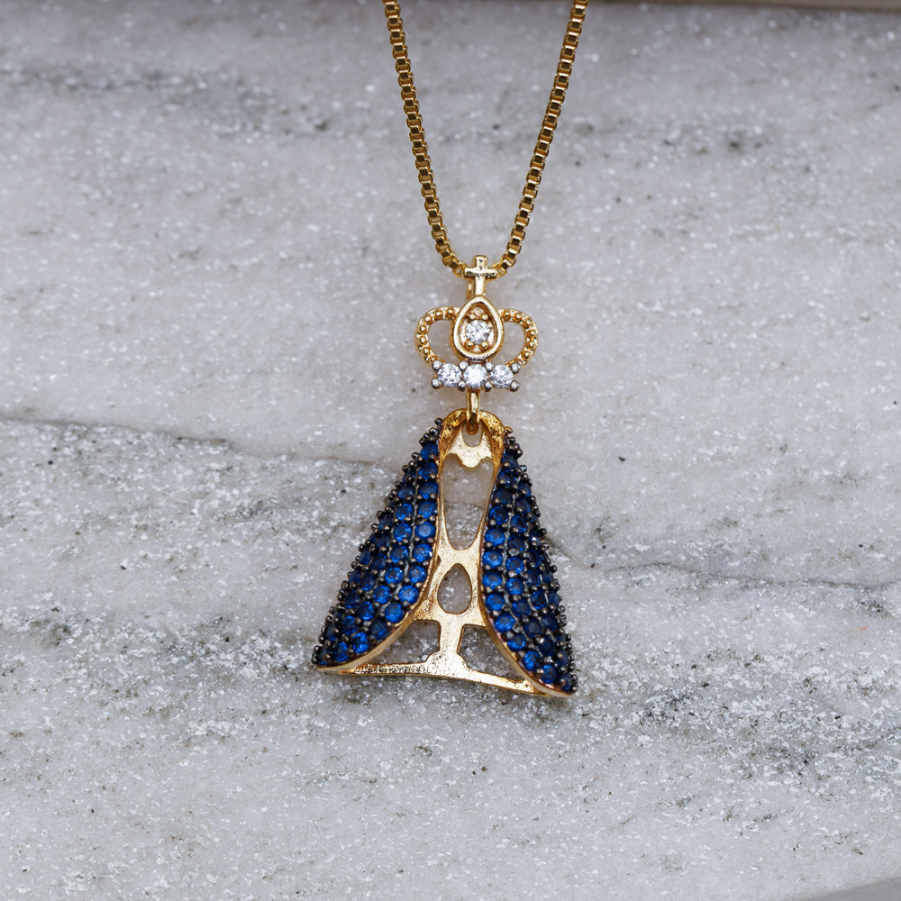 COLAR NOSSA SENHORA MANTO AZUL BANHO OURO 18K