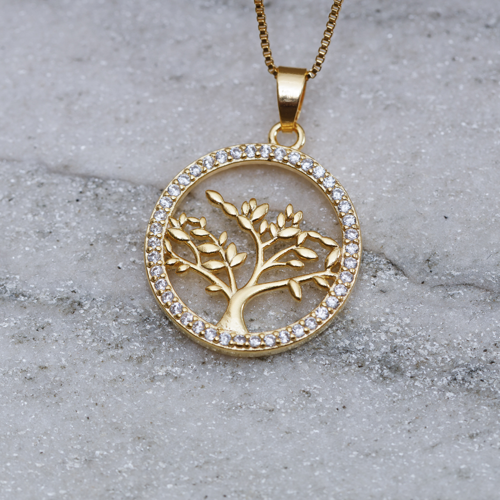 COLAR ÁRVORE DA VIDA CRAVEJADO CRISTAL BANHO OURO 18K