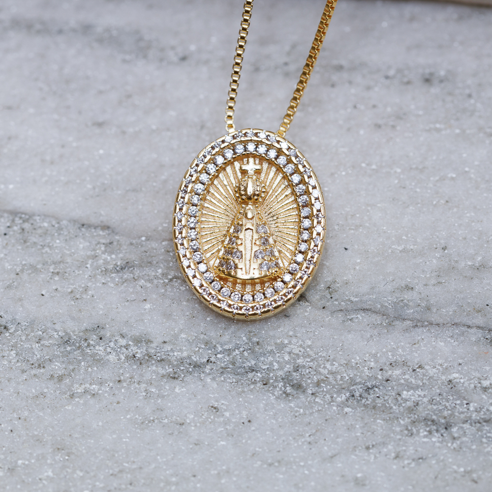 COLAR MEDALHA NOSSA SENHORA CRISTAL BANHO OURO 18K