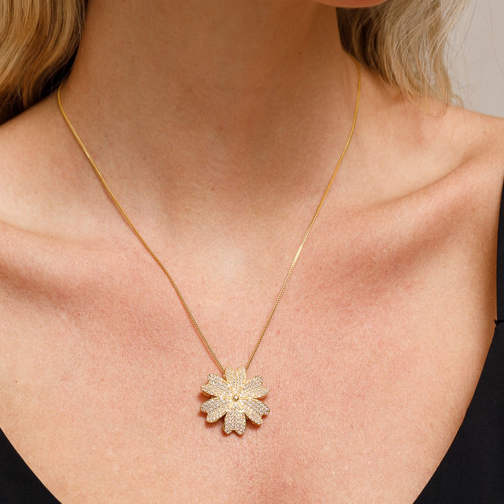 COLAR FLOR DE LANTANA CRISTAL BANHO OURO 18K