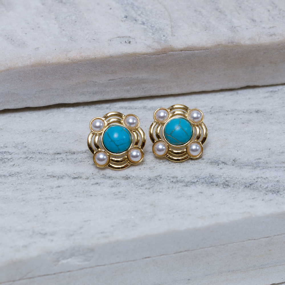 BRINCO FLOR DE CRISÂNTEMO TURQUESA BANHO OURO 18K