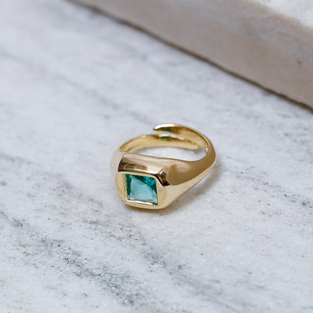 ANEL DEDINHO QUADRADO VERDE REGULÁVEL BANHO OURO 18K