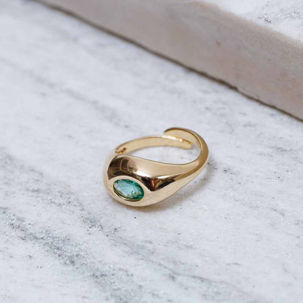 ANEL DEDINHO OVAL VERDE REGULÁVEL BANHO OURO 18K