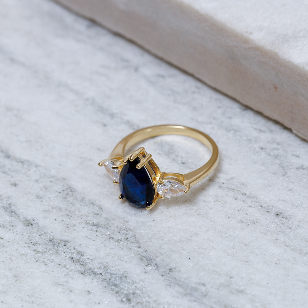 ANEL FORMATURA GOTA AZUL MARINHO BANHO OURO 18K