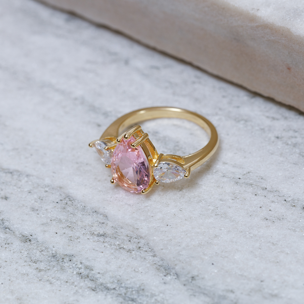 ANEL FORMATURA GOTA ROSA CLARO BANHO OURO 18K