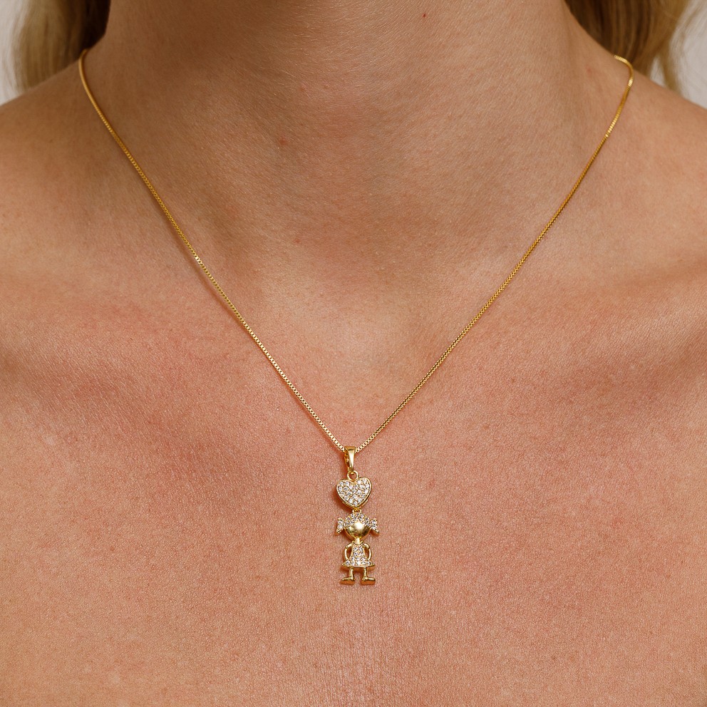 COLAR FILHA MENINA CRAVEJADA CRISTAL BANHO OURO 18K