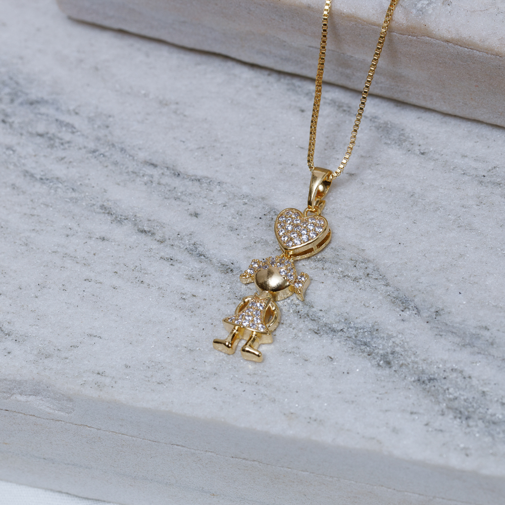 COLAR FILHA MENINA CRAVEJADA CRISTAL BANHO OURO 18K