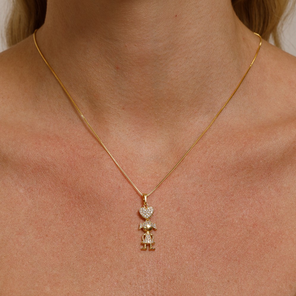 COLAR FILHA MENINA CRAVEJADA CRISTAL BANHO OURO 18K
