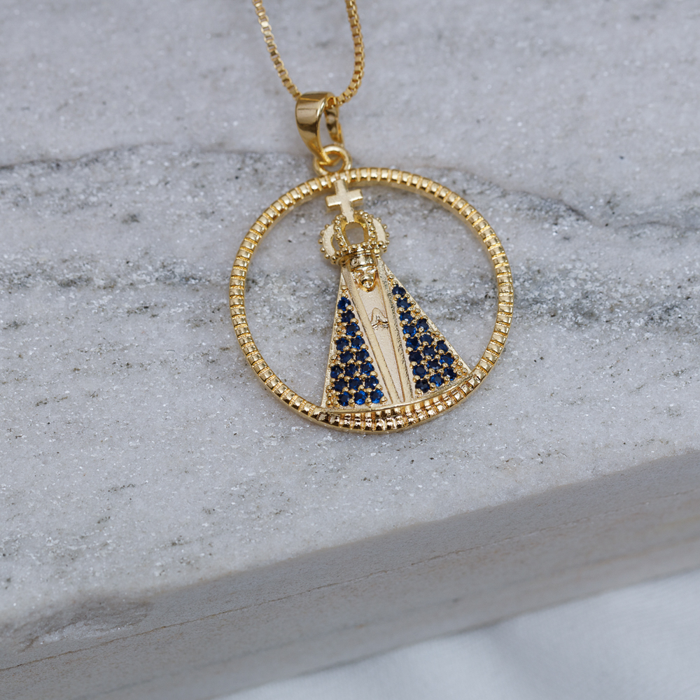 COLAR MEDALHA NOSSA SENHORA MANTO AZUL BANHO OURO 18K