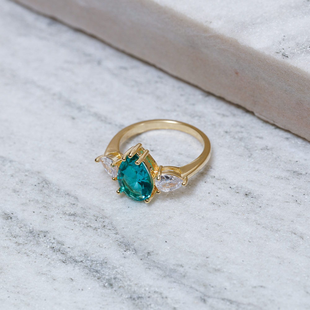 ANEL FORMATURA GOTA VERDE TIFANNY BANHO OURO 18K