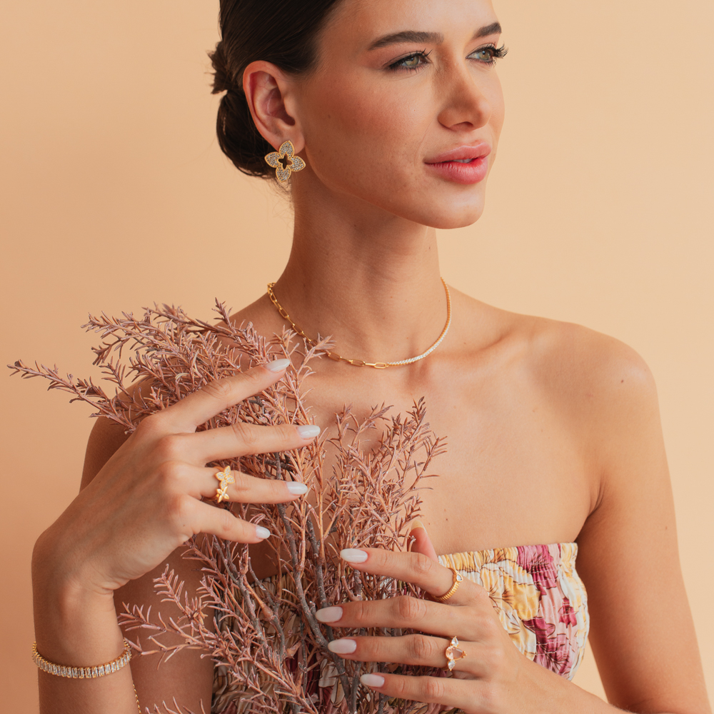 ANEL GOTA CRISTAL PEACH BANHO OURO 18K